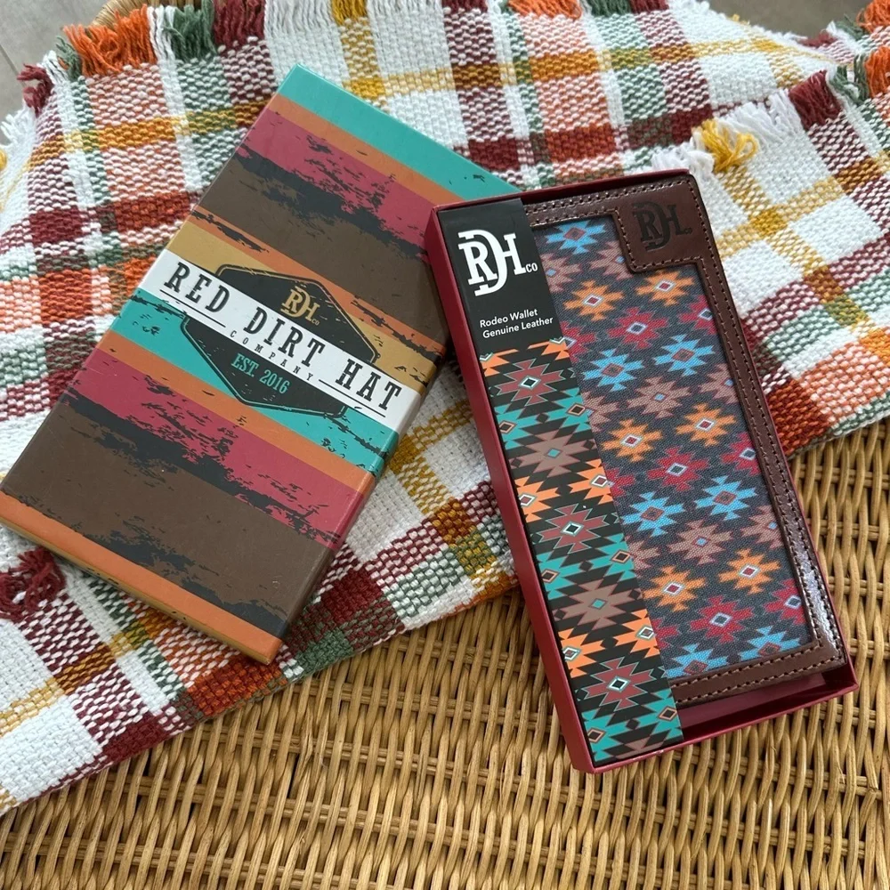New Red Dirt Western Wallet Mens Rodeo Leather Southwestern Canvas Inlay Aztec